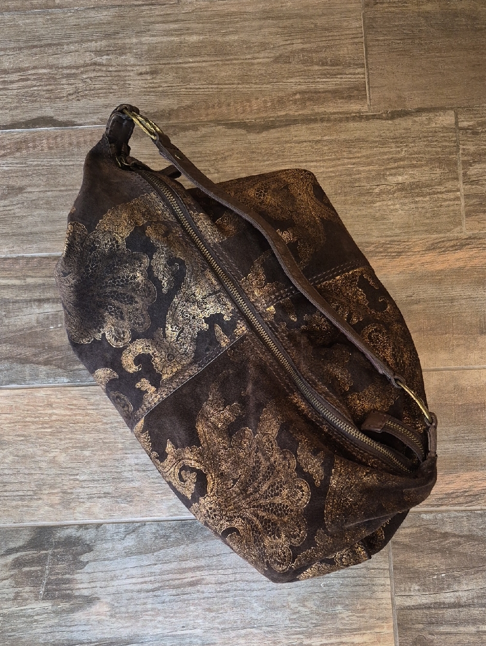Lucky Brand Brown Suede & Gold Foilage Pleated Detail Bohemian Hobo Shoulder Bag - Picture 5 of 16